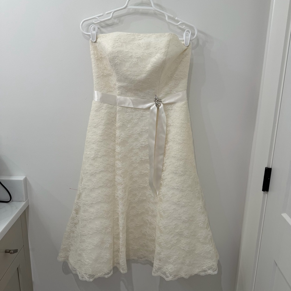 Vintage Galina Signature Strapless White Ivory Lace Tea Length Bridal Dress